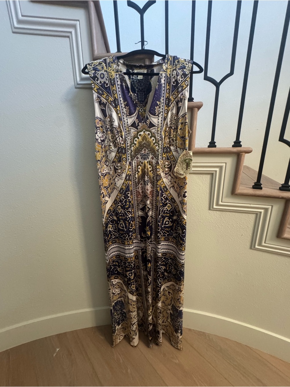 ONE WORLD Navy and Gold Paisley Crochet-Accent Maxi Dress - Picture 5 of 8